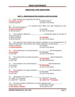 BASIC ELECTRONICS 
 
MAHESH PRASANNA K., ECE, AIET 
Page 1 
 
OBJECTIVE TYPE QUESTIONS 
 
UNIT 1: SEMICONDUCTOR DIODES & APPL