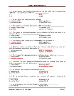 BASIC ELECTRONICS 
 
MAHESH PRASANNA K., ECE, AIET 
Page 2 
 
 
11.] 
In any atom, the number of electrons in the last orbit