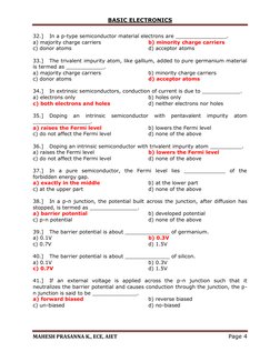 BASIC ELECTRONICS 
 
MAHESH PRASANNA K., ECE, AIET 
Page 4 
 
32.] 
In a p-type semiconductor material electrons are ________