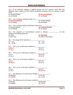 BASIC ELECTRONICS 
 
MAHESH PRASANNA K., ECE, AIET 
Page 5 
 
42.] 
If an external voltage is applied across the p-n junction