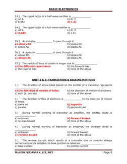 BASIC ELECTRONICS 
 
MAHESH PRASANNA K., ECE, AIET 
Page 6 
 
53.] 
The ripple factor of a half-wave rectifier is ___________