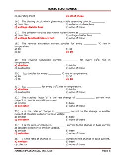 BASIC ELECTRONICS 
 
MAHESH PRASANNA K., ECE, AIET 
Page 8 
 
c) operating Point  
 
 
 
d) all of these 
 
16.] 
The biasing