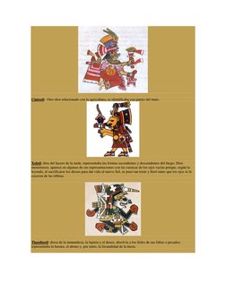 Cinteotl:  Otro dios relacionado con la agricultura, se identificaba con partes del maíz.. 
 
 
Xolotl: dios del lucero d