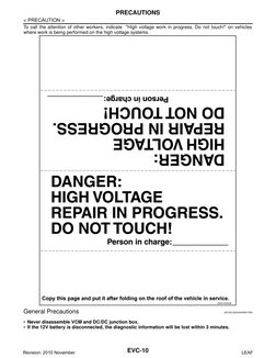 EVC-10
< PRECAUTION >
PRECAUTIONS
To call the attention of other workers, indicate  "High voltage work in progress. Do not to