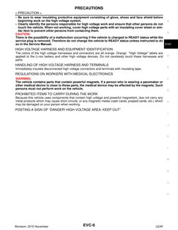 PRECAUTIONS
EVC-9
< PRECAUTION >
D
E
F
G
H
I
J
K
L
M
A
B
EVC
N
O
P
• Be sure to wear insulating protective equipment consisti