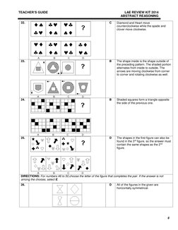6 
TEACHER’S GUIDE 
 
LAE REVIEW KIT 2014 
 
 
ABSTRACT REASONING 
 
22. 
 
 
 
 
C 
Diamond and Heart move 
counterc