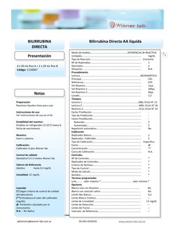 administra@wiener-lab.com.ar 
54-341-4329191 
www.wiener-lab.com.ar 
 
6 
 
 
BILIRRUBINA 
DIRECTA 
 
4 x 50 mL Rvo A + 2