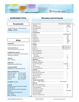 administra@wiener-lab.com.ar 
54-341-4329191 
www.wiener-lab.com.ar 
 
7 
 
 
 
BILIRRUBINA TOTAL 
 
4 x 50 mL Rvo A + 2