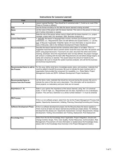 Field
Description
#
Lesson Learned Number. They should be in numerical order 1, 2 and so on, even if the 
Phase or Process is