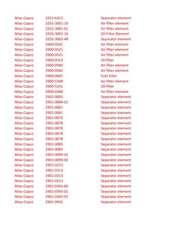 Atlas Copco
2252-6313
Separator element
Atlas Copco
2255-3001-19
Air filter element
Atlas Copco
2255-3001-01
Air filter eleme