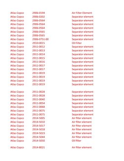 Atlas Copco
2906-0194
Air Filter Element
Atlas Copco
2906-0202
Separator element
Atlas Copco
2906-0564
Separator element
Atla