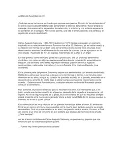 Análisis de Acuérdate de mí
¡Cuántas veces habremos sentido lo que expresa este poema! El éxito de “Acuérdate de mí”
se debe