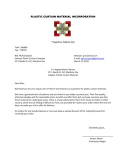 PLASTIC CURTAIN MATERIAL INCORPORATION 
 
7 Sapphire, Makati City 
Tel# : 786489 
Fax : 778754 
 
Ref. PR/F/2018/25