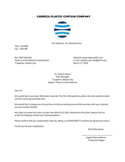 CABREZA PLASTIC CURTAIN COMPANY 
 
 
 
 
 
 
 
57 E Abello St. IVC, Marikina City 
Tel# : 1257840 
Fax : 1165789