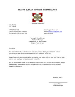 PLASTIC CURTAIN MATERIAL INCORPORATION 
 
 
7 Sapphire, Makati City 
Tel# : 786489 
Fax : 778754 
 
Ref. PR/F/2018/25