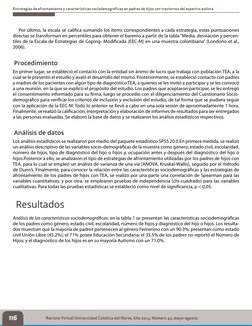 116
Estrategias de afrontamiento y características sociodemográficas en padres de hijos con trastornos del espectro autista
R