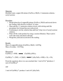 Materials 
Distilled water, copper (II) nitrate (Cu(No3)2.3H2O), 1:1ammonia solution, 
acetyl acetone 
 
 
Procedure 
1.