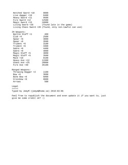 Notched Sword +10       8000
 Live dagger +10         8400
 Heavy Sword +11         9500
 Fire Sword +12         12500
 Magi