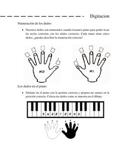 Digitacion 
Numeración de los dedos 
 Nuestros dedos son numerados cuando tocamos piano para poder tocar 
las teclas correct