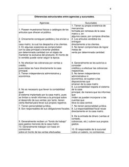 4 
 
Diferencias estructurales entre agencias y sucursales. 
Agencias 
Sucursales 
1. Poseen muestrarios físicos o catálogos
