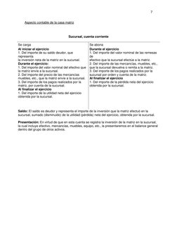 7 
 
Aspecto contable de la casa matriz 
 
Sucursal, cuenta corriente 
 
Se carga 
Se abona 
Al iniciar el ejercicio 
Durante