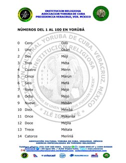 NÚMEROS DEL 1 AL 100 EN YORÙBÁ  
 
0 
Cero 
 
 
 
Odò 
1 
Uno  
 
 
 
Òkàn 
2 
Dos  
 
 
 
Méjì 
3 
Tres  
 
 
 
Méta