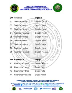 30 Treinta  
 
 
Ogbón 
31 Treinta y uno 
 
Ogbón Òkàn 
32 Treinta y dos  
 
Ogbón Méjì 
33 Treinta y tres 
 
Ogbón Mé