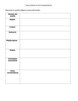 PARA ESCRIBIR UN TEXTO MONOGRÁFICO 
Selecciona un pueblo indígena y busca información. 
 
 
 
Nombre del 
pueblo  
  
Regió