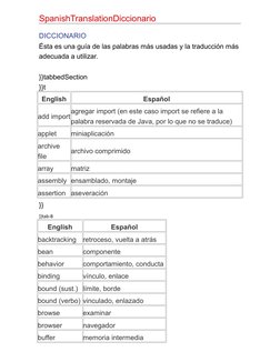 SpanishTranslationDiccionario
DICCIONARIO
Ésta es una guía de las palabras más usadas y la traducción más 
adecuada a utiliza