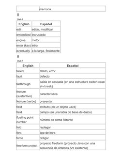 memoria
}}
}}tab-E
English
Español
edit
editar, modificar
embedded incrustado
engine
motor
enter (key) intro
eventually a la