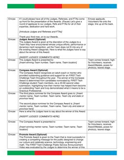 Emcee 
If I could please have all of the Judges, Referees, and FTAs come 
up front for the presentation of the Awards. (P