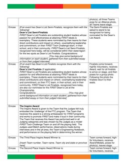photo(s), all three Teams 
pose for an Alliance photo, 
all Teams leave stage. 
Emcee 
[If an event has Dean’s List Sem
