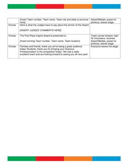 [Insert Team number, Team name, Team city and state or province 
here] 
Award/Medals, poses for 
photo(s), leaves stage.