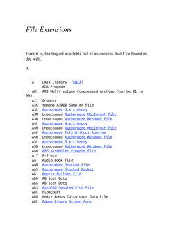 File Extensions  
 
 
Here it is, the largest available list of extensions that I’ve found in 
the web. 
 
A 
 
 
  .A    U