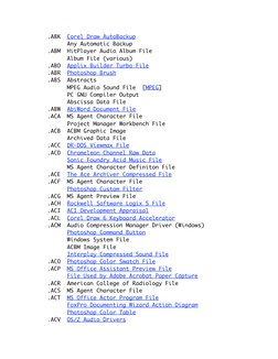 .ABK  Corel Draw AutoBackup 
        Any Automatic Backup 
  .ABM  HitPlayer Audio Album File 
        Album File (various)
