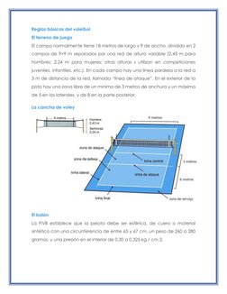 Reglas básicas del voleibol 
El terreno de juego 
El campo normalmente tiene 18 metros de largo y 9 de ancho, dividido en 2