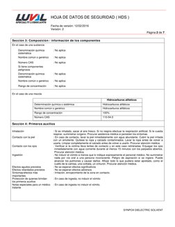 HOJA DE DATOS DE SEGURIDAD ( HDS ) 
 
Fecha de versión: 12/02/2016 
Versión: 2 
Página 2 de 7 
 
SYNPOX DIELECTRIC SOLVEN