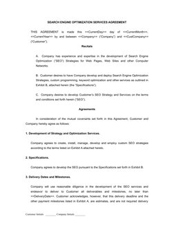 SEARCH ENGINE OPTIMIZATION SERVICES AGREEMENT
THIS  AGREEMENT  is  made  this  <<CurrentDay>>  day  of  <<CurrentMonth>>,
<<C