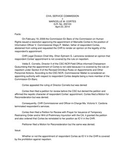 CIVIL SERVICE COMMISSION 
v 
MARICELLE M. CORTES 
G.R. No. 200103 
April 23, 2014 
 
Facts: 
On February 19, 2008 the Commiss