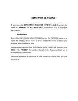 CONSTANCIA DE TRABAJO 
 
El quien suscribe  ESPINOZA DE