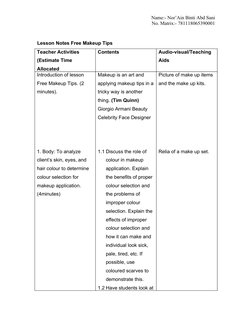 Name:- Nor’Ain Binti Abd Sani
          No. Matrix:- 781118065390001
Lesson Notes Free Makeup Tips
Teacher Activities 
(Estim