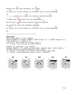 Page 5
Hacerte el a
Cm
mor para morderte los
Fm
labios
Lo
C#
siento si es muy fuerte la inten
Eb7
ción soy un loco enamor
G#