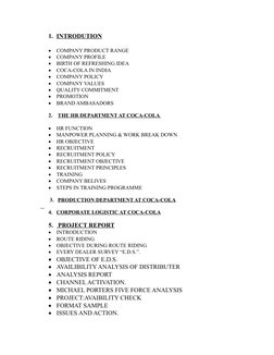 1. INTRODUTION

COMPANY PRODUCT RANGE

COMPANY PROFILE

BIRTH OF REFRESHING IDEA

COCA-COLA IN INDIA

COMPANY POLICY

C
