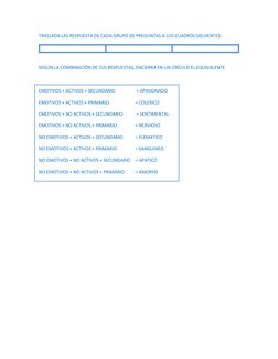 TRASLADA LAS RESPUESTA DE CADA GRUPO DE PREGUNTAS A LOS CUADROS SIGUIENTES. 
 
 
 
 
SEGÚN LA COMBINACIÓN DE TUS RESPUEST