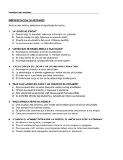 Nombre del alumno: ______________________________________________________ 
 
 
INTERPRETACION DE REFRANES 
 
Analiza cada r