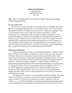 ​RESEARCH PROPOSAL 
Mohith Konduru 
Independent Research 
2017-2018 
  
Title​: A Place to Start Programming: An Evaluation