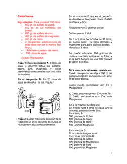 Caldo Visosa
Ingredientes: Para preparar 100 litros:

500 gr. de sulfato de cobre. 

500  gr.  de  cal  hidratada  (de
pint