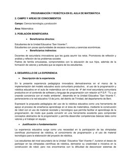 PROGRAMACIÓN Y ROBÓTICA EN EL AULA DE MATEMÁTICA 
2. CAMPO Y AREAS DE CONOCIMIENTOS 
Campo: Ciencia tecnología y producción