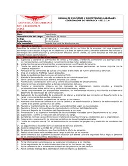 RIF.: J-31103099-9              
V-855
MANUAL DE FUNCIONES Y COMPETENCIAS LABORALES 
COORDINADOR DE VENTAS/CV – 001.2.1.6
I.