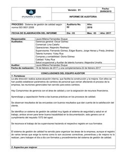 Versión:  01
Fecha:
20/09/2015
INFORME DE AUDITORIA
PROCESO:  Sistema de gestión de calidad según 
norma ISO 9001:2008
Audito